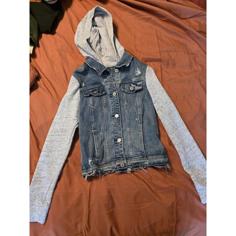 Hollister Hooded Denim Jacket Womens Small Distressed Jean Jacket‎ Hoodie